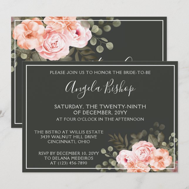 Invitación Elegante Rubor floral botella rosa ducha de novia (Anverso / Reverso)