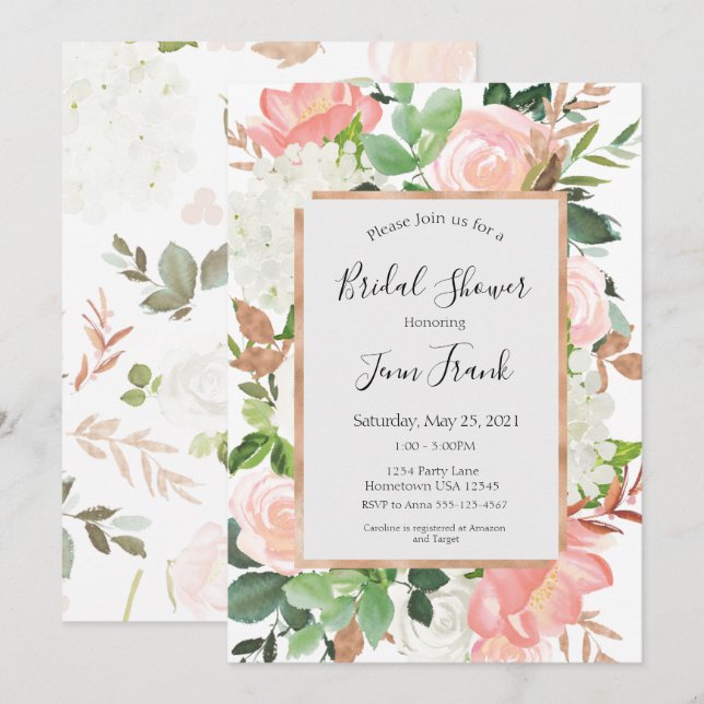 Invitación Elegante Rubor Floral Bridal Shower (Anverso / Reverso)