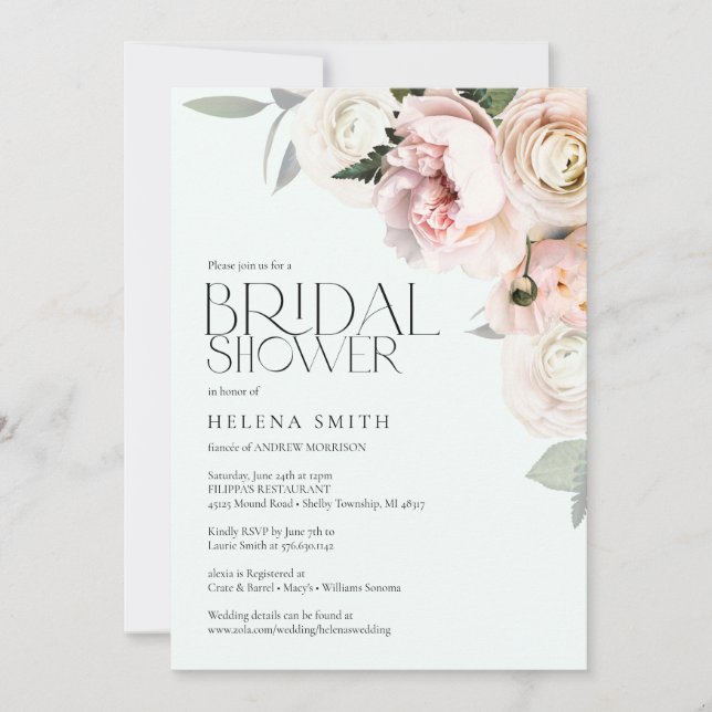 Invitación Elegante Rubor Floral Bridal Shower Invita a la mu (Anverso)