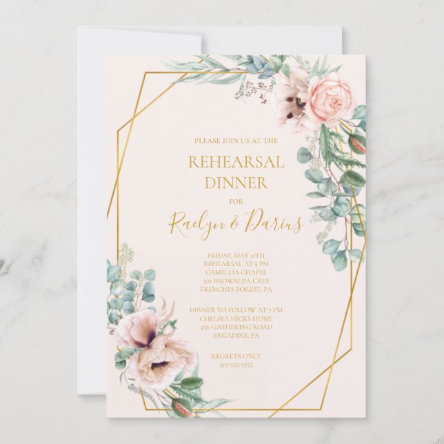 Invitación Elegante Rubor Floral | Cena de ensayo Pastel (Anverso)