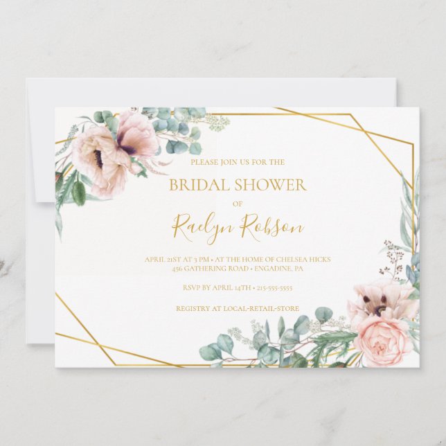 Invitación Elegante Rubor Floral | Ducha de novia horizontal (Anverso)