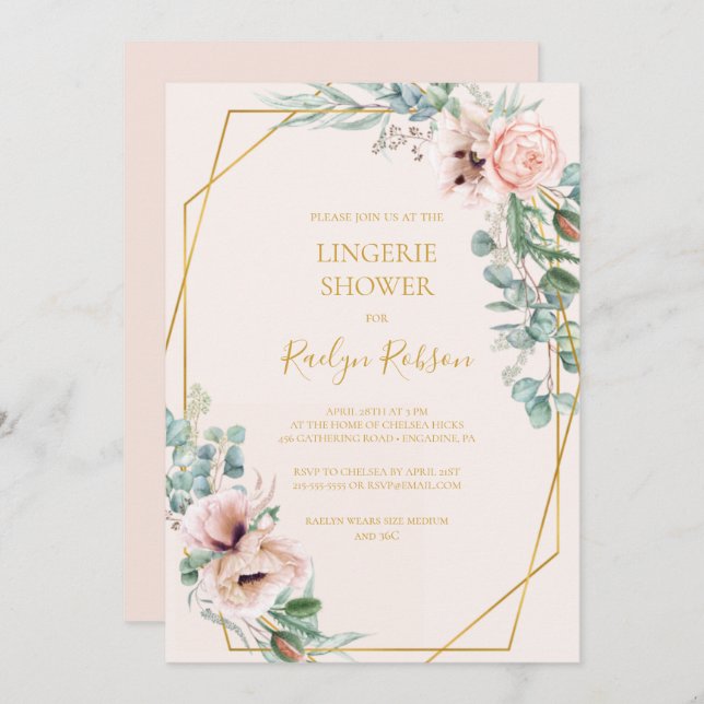 Invitación Elegante Rubor Floral | Ducha Pastel Lingerie (Anverso / Reverso)