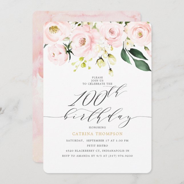 Invitación Elegante Rubor Floral Eucalyptus 100 cumpleaños (Anverso / Reverso)