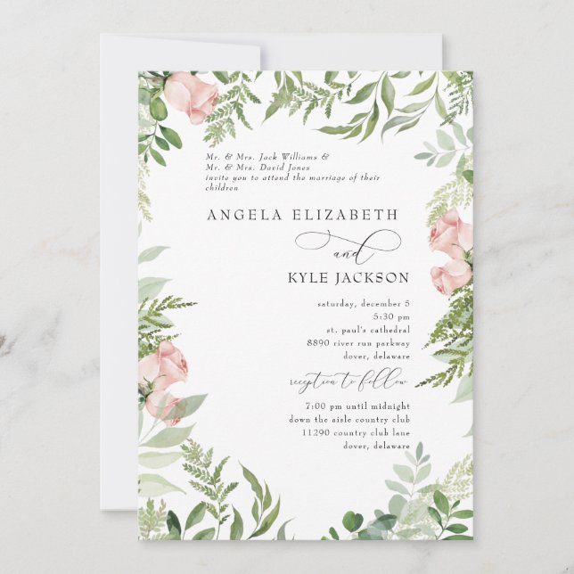 Invitación Elegante Rubor Floral Eucalyptus ambos padres (Anverso)