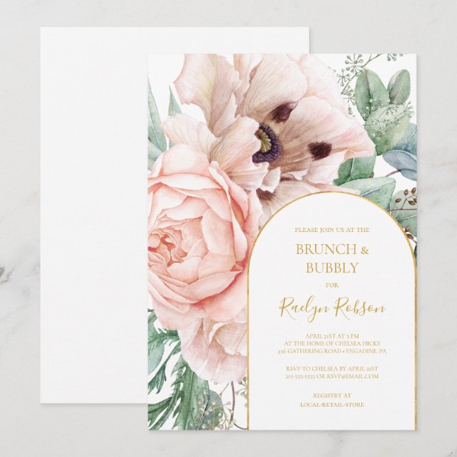 Invitación Elegante Rubor Floral Garden | Brunch y Bubbly (Anverso / Reverso)