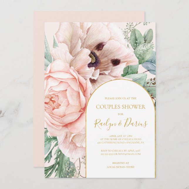 Invitación Elegante Rubor Floral Garden Pastel Couples Ducha (Anverso / Reverso)
