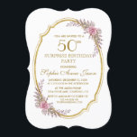 Invitación Elegante Rubor Floral Gold 50th Surprize Birthday<br><div class="desc">Diseño de tarjeta único: delicados ramos de rosas color de agua,  un marco ovalado de Relieve metalizado dorado falso sobre un fondo blanco. Utilice la herramienta Personalizar para agregar su información. Para ver los elementos coincidentes,  visite mi colección de marcos dorados florales de Rubor</div>