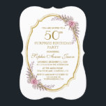 Invitación Elegante Rubor Floral Gold 50th Surprize Birthday<br><div class="desc">Diseño de tarjeta único: delicados ramos de rosas color de agua,  un marco ovalado de Relieve metalizado dorado falso sobre un fondo blanco. Utilice la herramienta Personalizar para agregar su información. Para ver los elementos coincidentes,  visite mi colección de marcos dorados florales de Rubor</div>