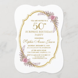 Invitación Elegante Rubor Floral Gold 50th Surprize Birthday