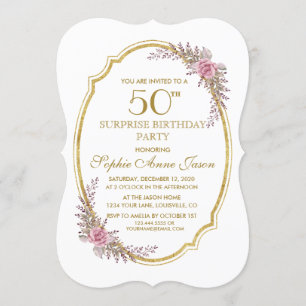 Invitación Elegante Rubor Floral Gold 50th Surprize Birthday