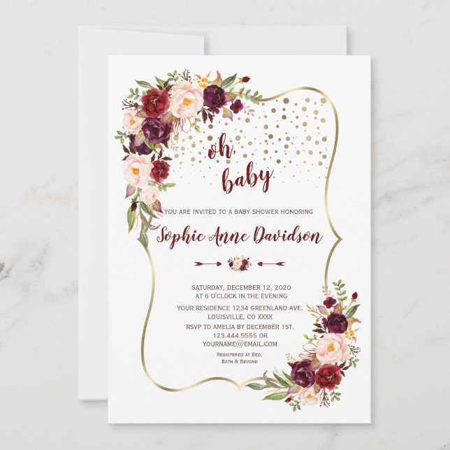 Invitación Elegante Rubor Floral Gold Baby Shower (Anverso)