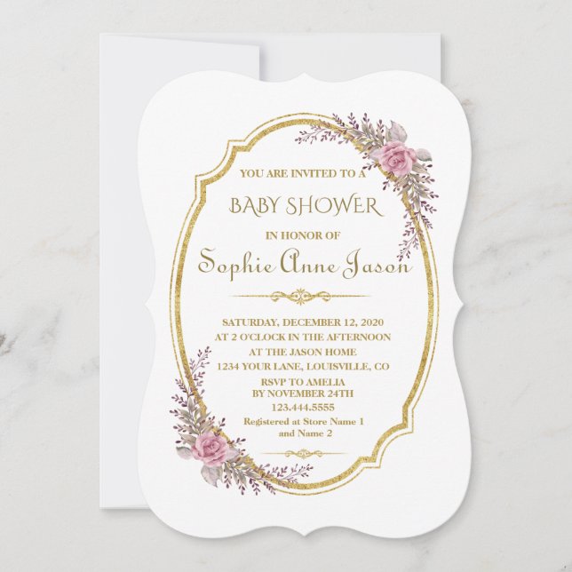 Invitación Elegante Rubor Floral Gold Frame Baby Shower (Anverso)