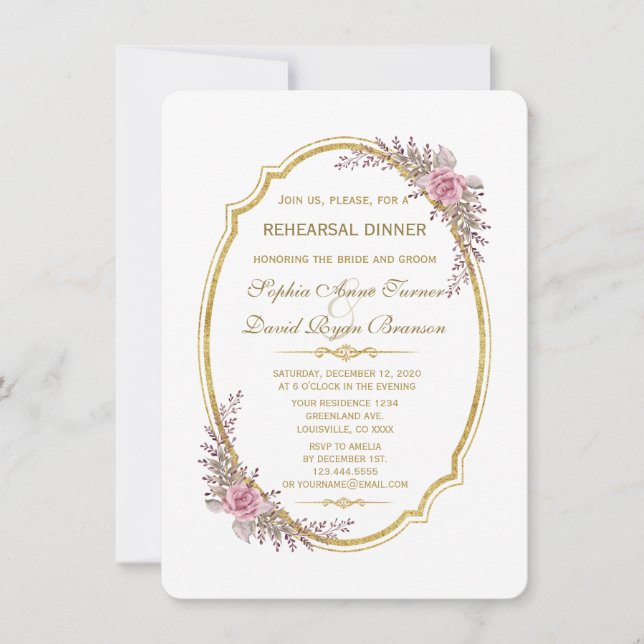 Invitación Elegante Rubor Floral Gold Frame Ensayo Cena (Anverso)