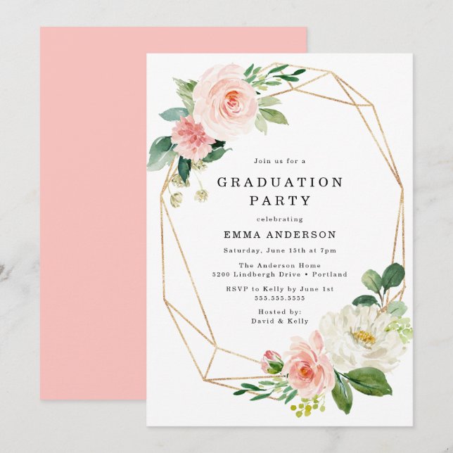 Invitación Elegante Rubor Floral Gold Frame Graduation Party (Anverso / Reverso)