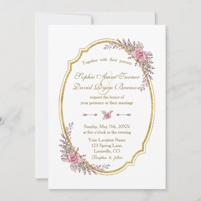Invitación Elegante Rubor Floral Gold Frame Wedding Invitado (Anverso)