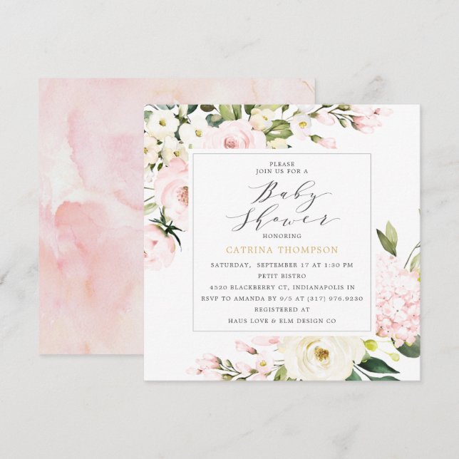 Invitación Elegante Rubor Floral Greenery Baby Shower (Anverso / Reverso)