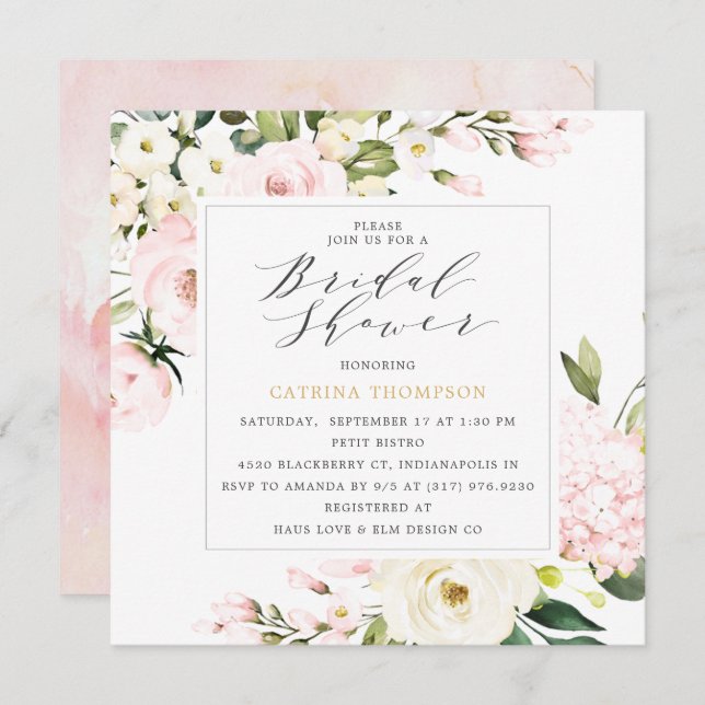Invitación Elegante Rubor Floral Greenery Bridal Shower (Anverso / Reverso)