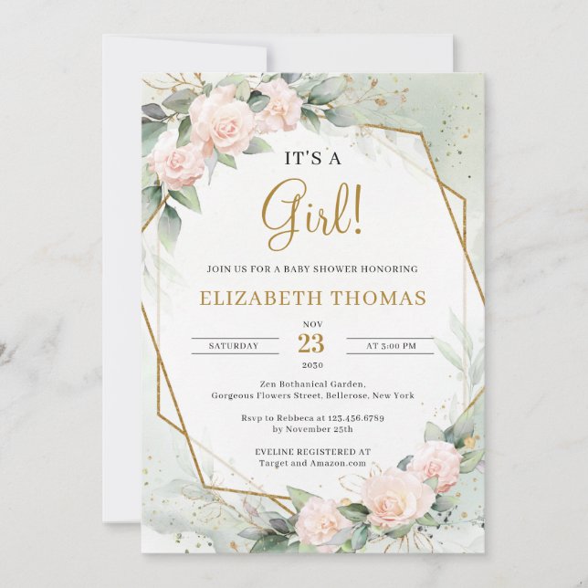 Invitación Elegante Rubor Floral Greenery Gold Es un Chica (Anverso)
