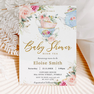 Invitación Elegante Rubor Floral High Tea Fiesta Baby Shower