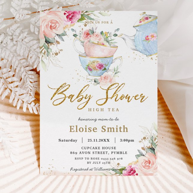 Invitación Elegante Rubor Floral High Tea Fiesta Baby Shower (Subido por el creador)