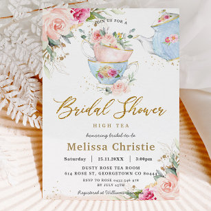 Invitación Elegante Rubor Floral High Tea Fiesta Bridal Showe