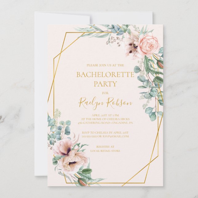 Invitación Elegante Rubor Floral | Pastel Bachelorette (Anverso)