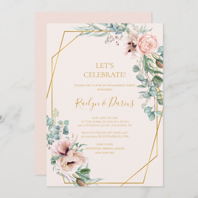 Invitación Elegante Rubor Floral | Pastel Celebremos (Anverso / Reverso)
