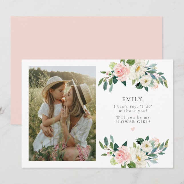 Invitación Elegante Rubor Floral Photo Flower Girl Propuesta (Anverso / Reverso)