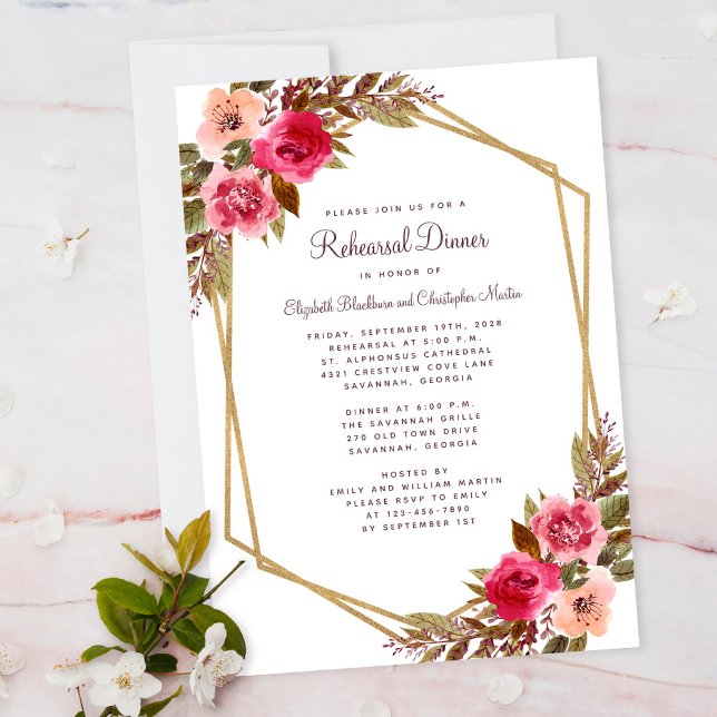 Invitación Elegante Rubor Floral Purple Gold Cena de ensayo (Elegant Floral Blush Purple Gold Rehearsal Dinner Invitation)