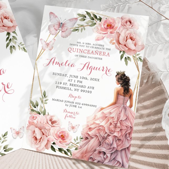 Invitación Elegante Rubor Floral Rosa Mexicana Quinceañera (Subido por el creador)