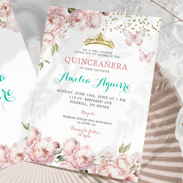 Invitación Elegante Rubor Floral Rosa Mexicana Quinceañera (Subido por el creador)