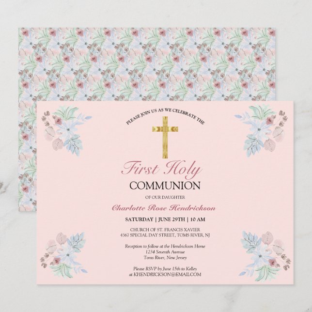 Invitación Elegante Rubor Floral Rosa Primera Santa Comunión (Anverso / Reverso)