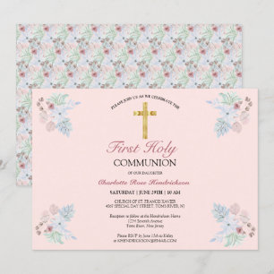 Invitación Elegante Rubor Floral Rosa Primera Santa Comunión