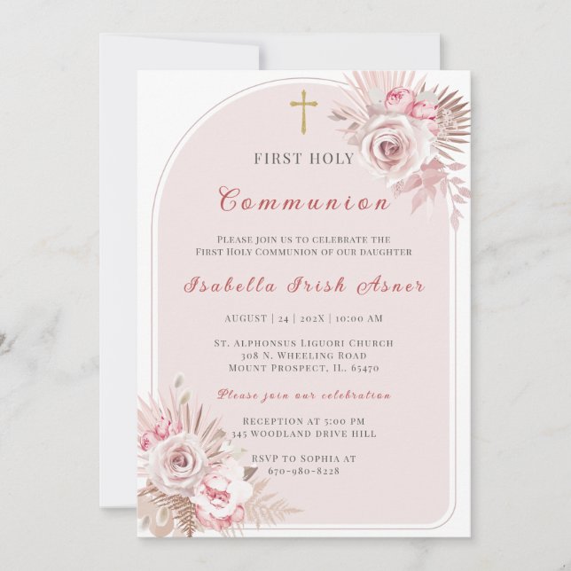 Invitación Elegante Rubor Floral Rosa Primera Santa Comunión (Anverso)