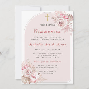 Invitación Elegante Rubor Floral Rosa Primera Santa Comunión