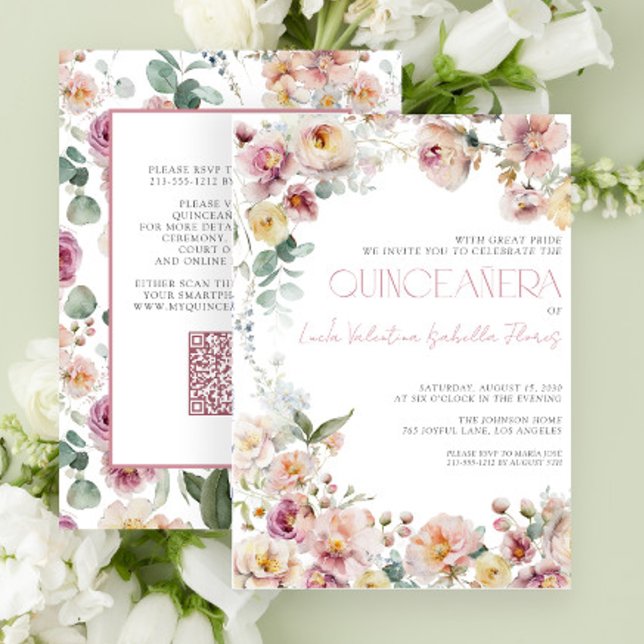 Invitación Elegante Rubor Floral rosa QR Quinceañera (Subido por el creador)
