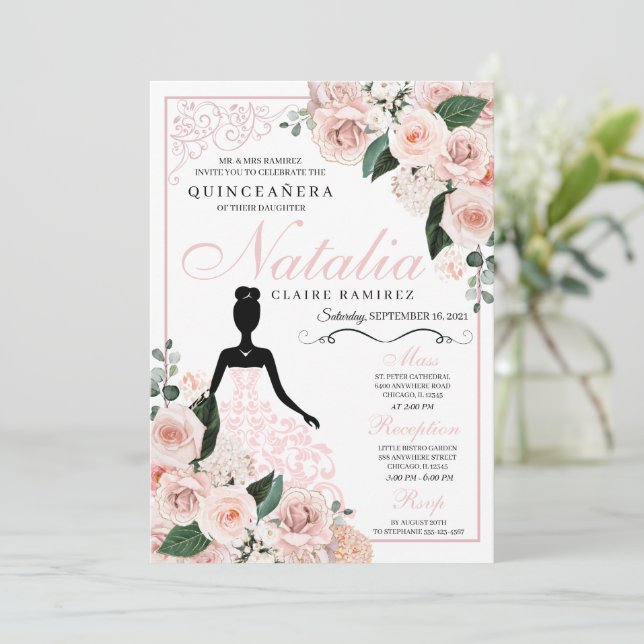 Invitación Elegante Rubor Floral Rosa Quinceanera Cumpleaños (Anverso de pie)
