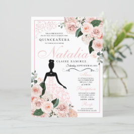 Invitación Elegante Rubor Floral Rosa Quinceanera Cumpleaños