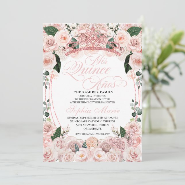 Invitación Elegante Rubor Floral Rosa Quinceanera Cumpleaños (Anverso de pie)