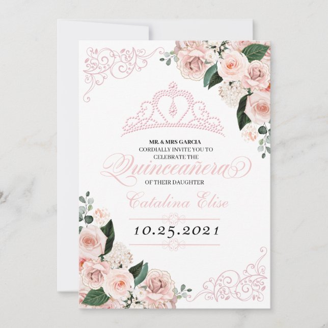 Invitación Elegante Rubor Floral Rosa Quinceanera Cumpleaños (Anverso)
