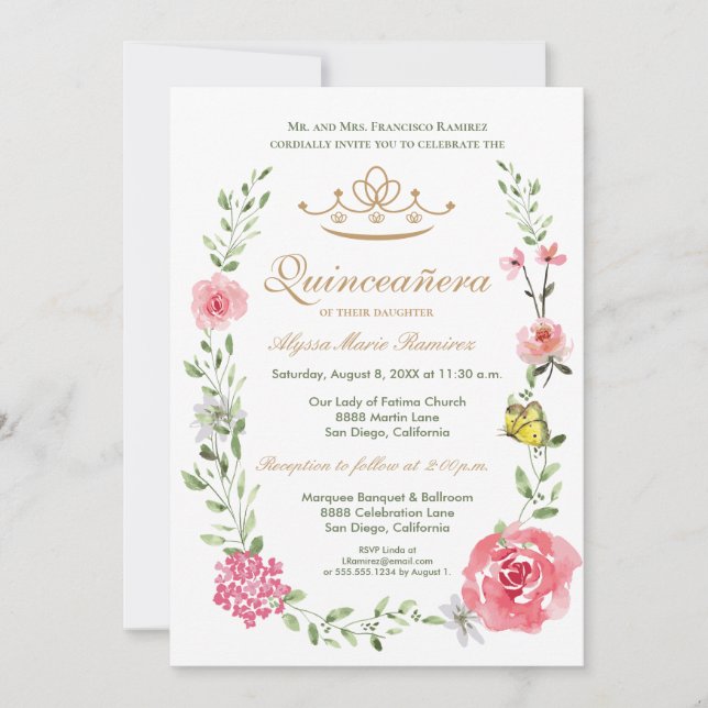 Invitación Elegante Rubor Floral rosa Quinceañera Tiara (Anverso)