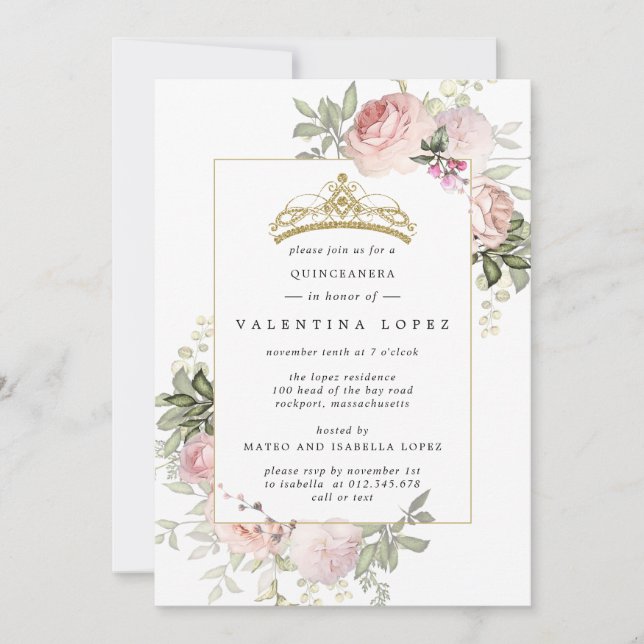 Invitación Elegante Rubor Floral rosa Tíara Quinceanera (Anverso)