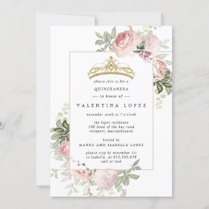 Invitación Elegante Rubor Floral rosa Tíara Quinceanera