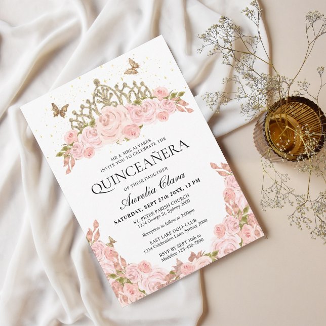 Invitación Elegante Rubor Floral rosa Tíara Quinceanera (Subido por el creador)