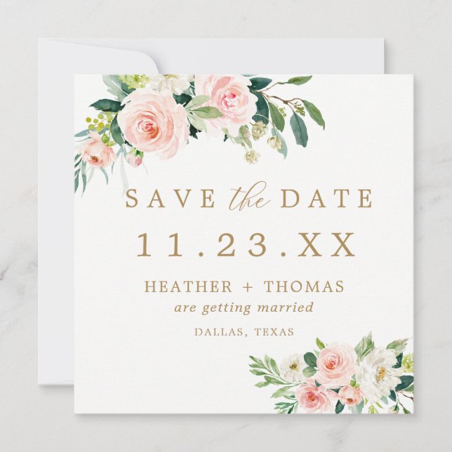 Invitación Elegante Rubor Floral Save the Date Square (Anverso)