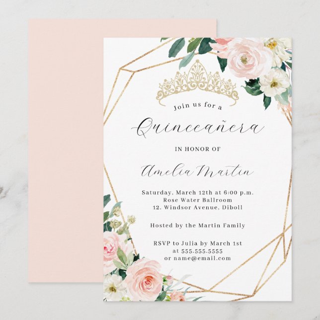 Invitación Elegante Rubor Floral Tiara Geométrica Quinceanera (Anverso / Reverso)