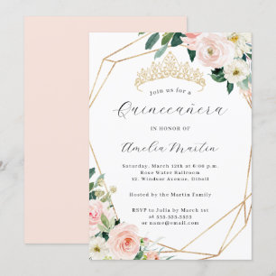 Invitación Elegante Rubor Floral Tiara Geométrica Quinceanera