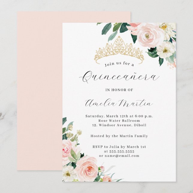 Invitación Elegante Rubor Floral Tiara Quinceanera (Anverso / Reverso)
