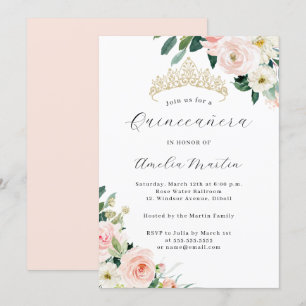 Invitación Elegante Rubor Floral Tiara Quinceanera