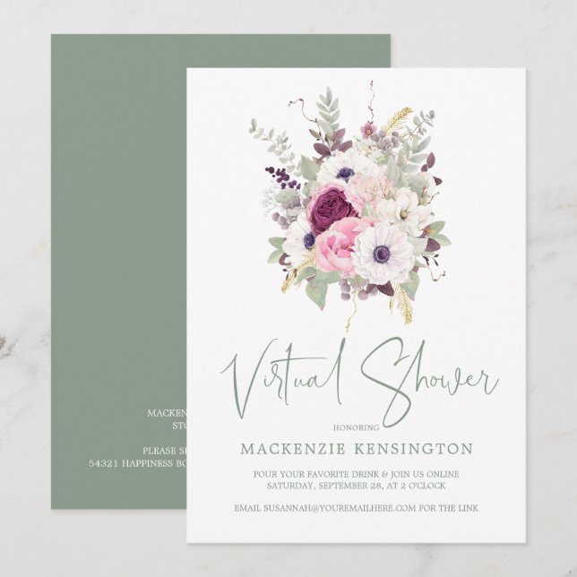 Invitación Elegante Rubor Floral Virtual Bridal Shower (Anverso / Reverso)